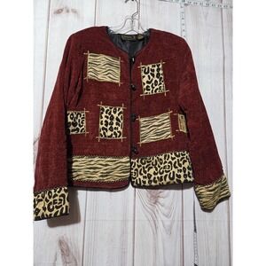 Alex Jacket Womens Medium‎ Red Velvet Animal Print Patchwork Boho India Buttons